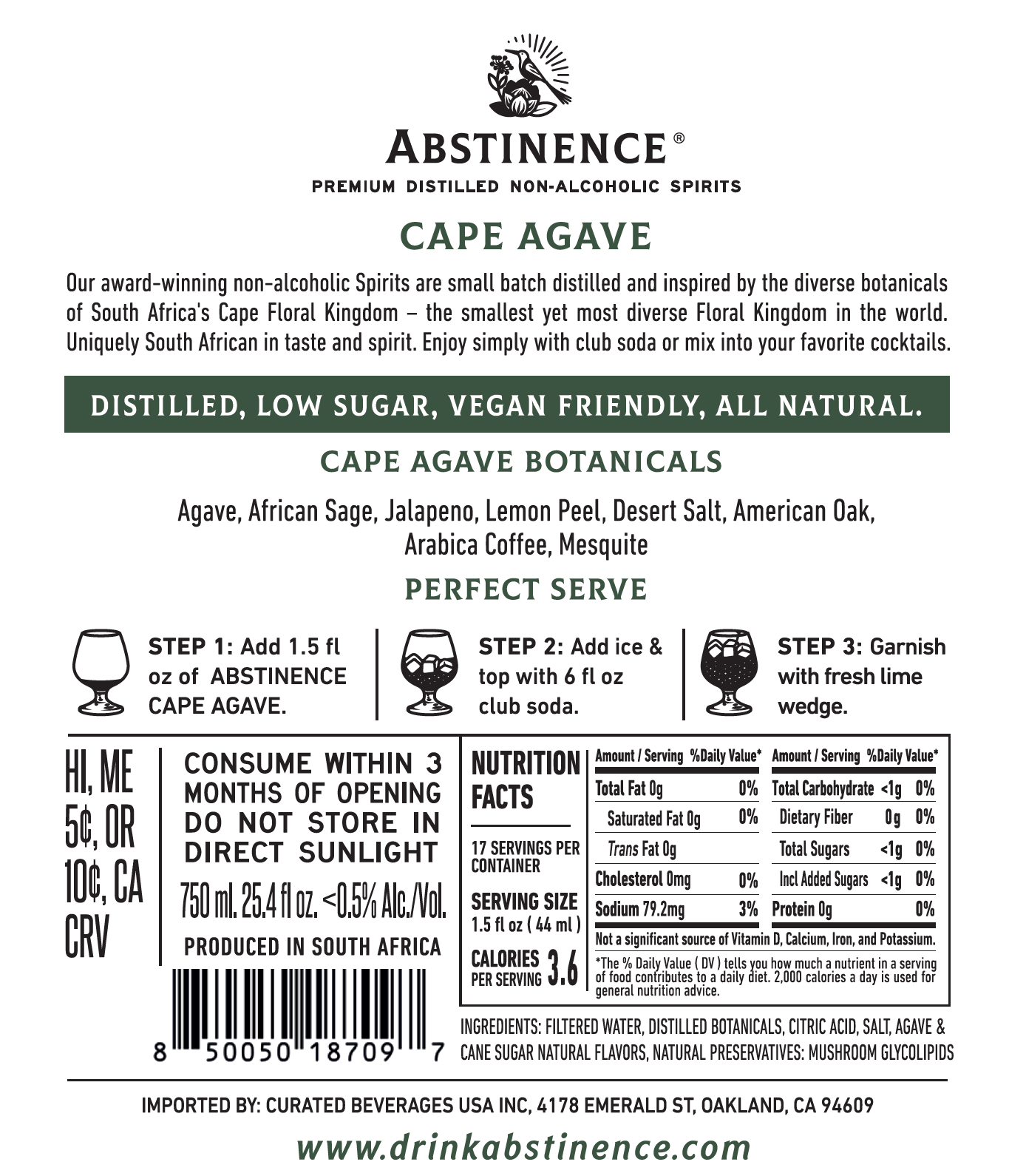 Abstinence Cape Agave back label with nutritional information