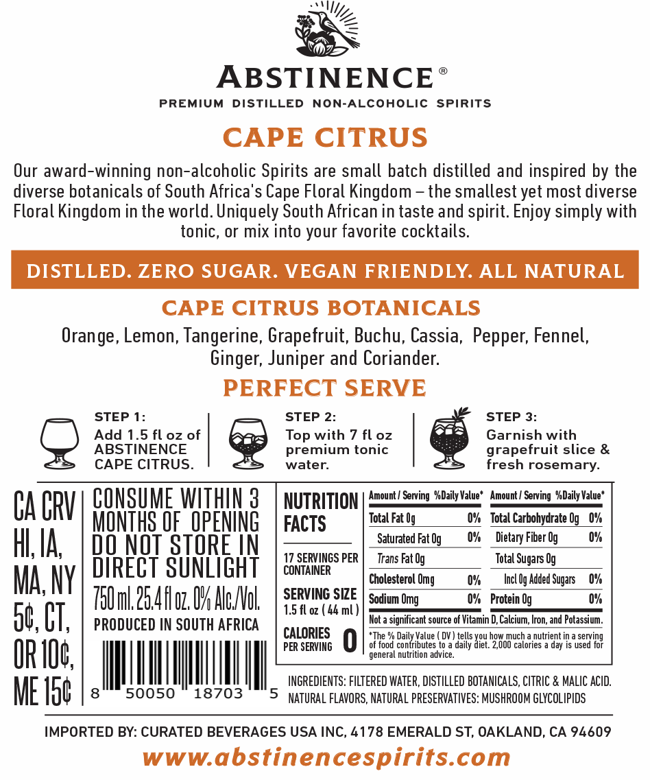 Abstinence Cape Citrus back label with nutritional information.