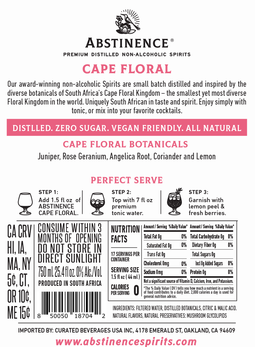 Abstinence Cape Floral back label with nutritional information.