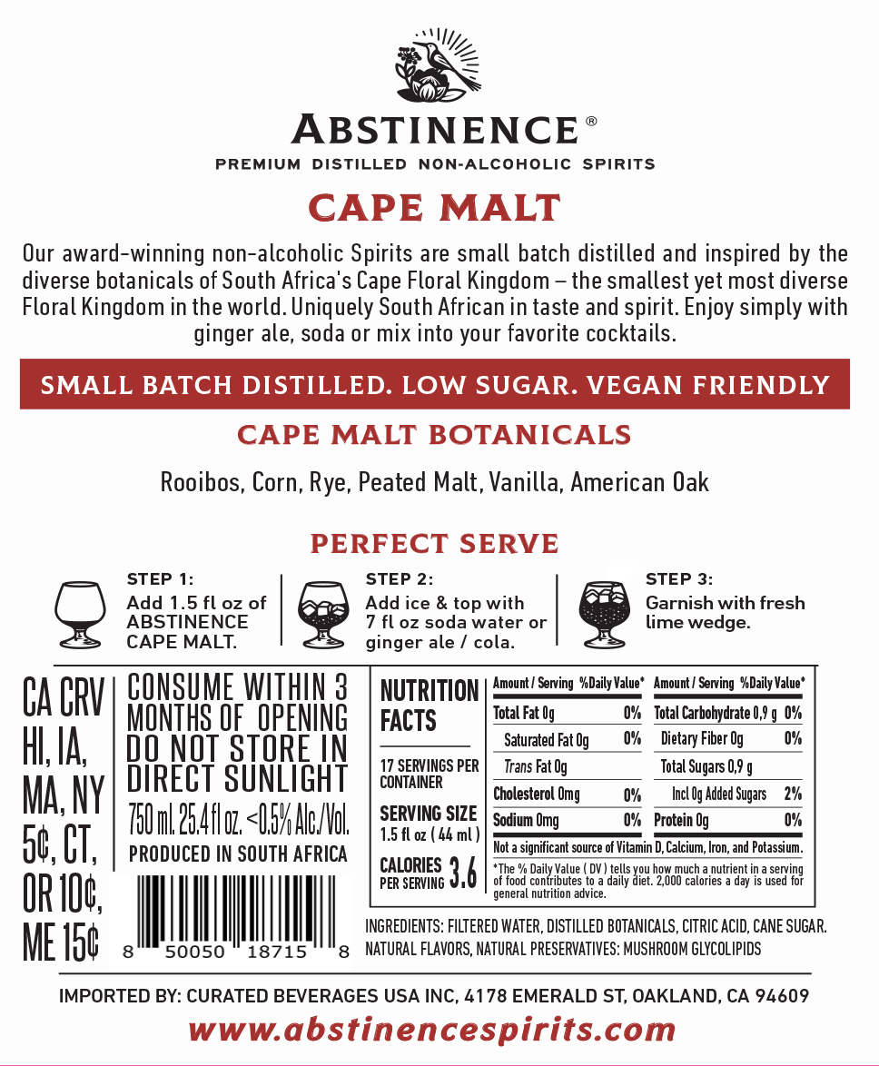 Abstinence Cape Malt non-alcoholic spirits label with branding and product details.