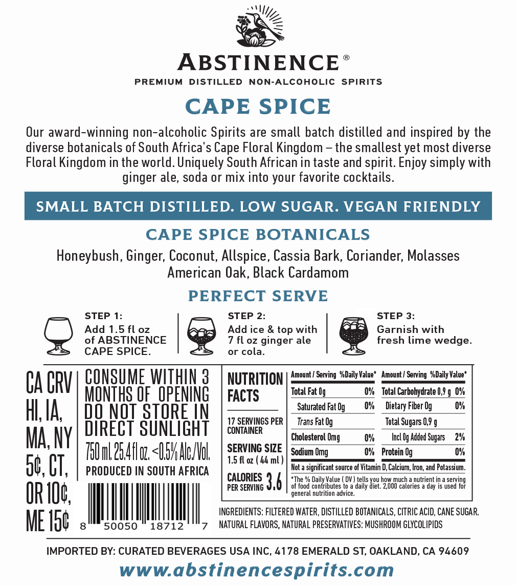 Abstinence Cape Spice Rum Alternative back label with nutritional information