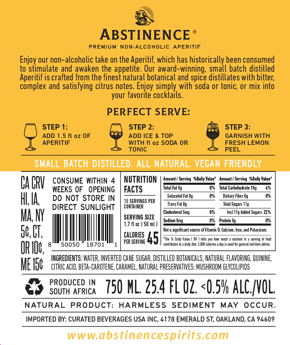 Abstinence non-alcoholic aperitif label with text and nutritional information.