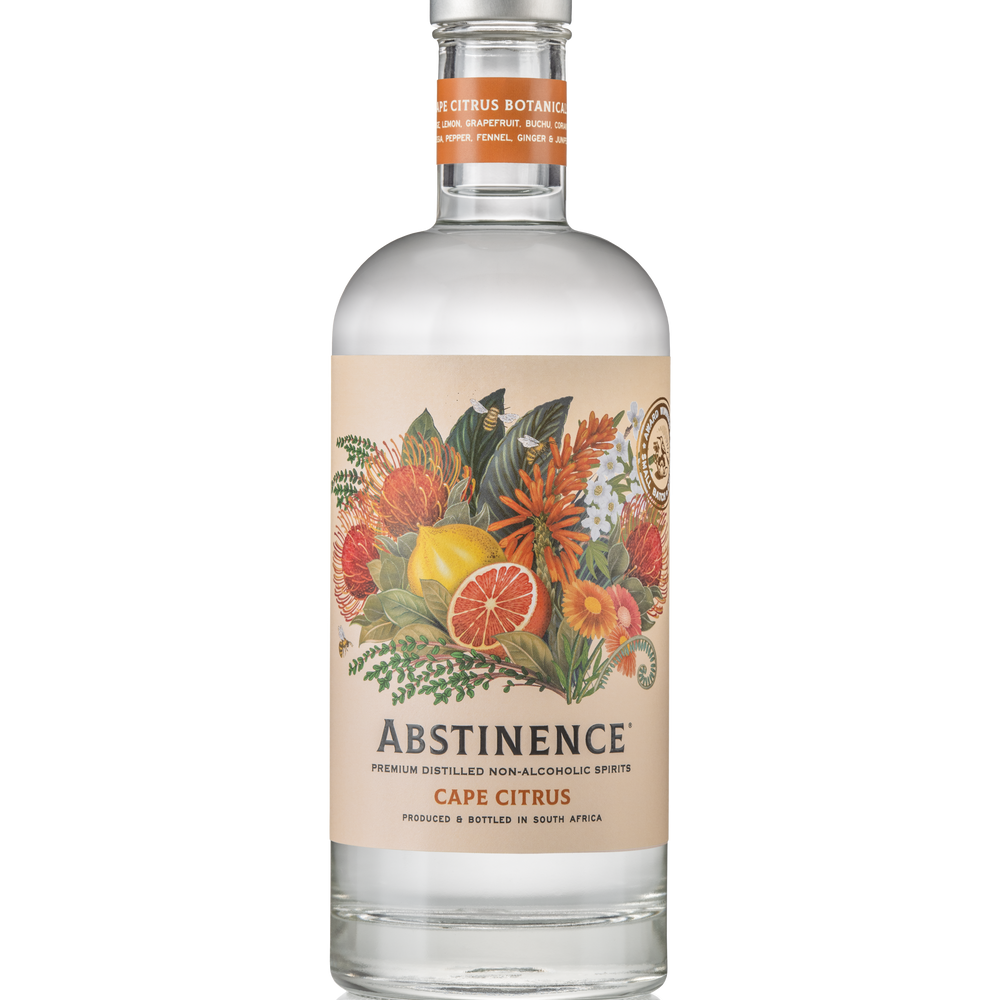 A clear glass bottle of Abstinence Cape Citrus. 
