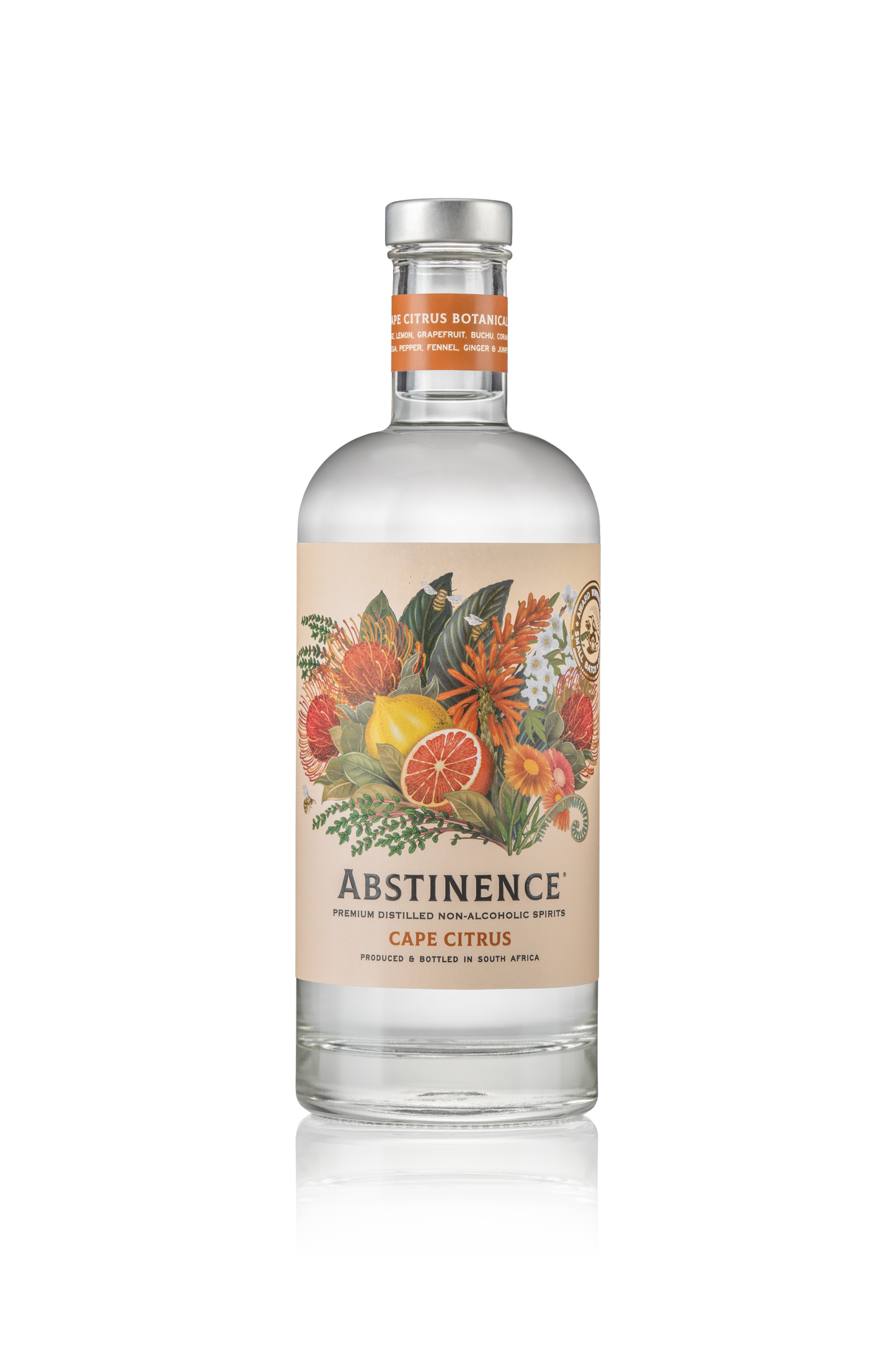 A clear glass bottle of Abstinence Cape Citrus. 