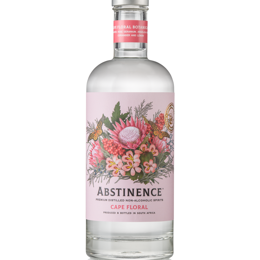 A clear bottle of Abstinence Cape Floral gin alternative.