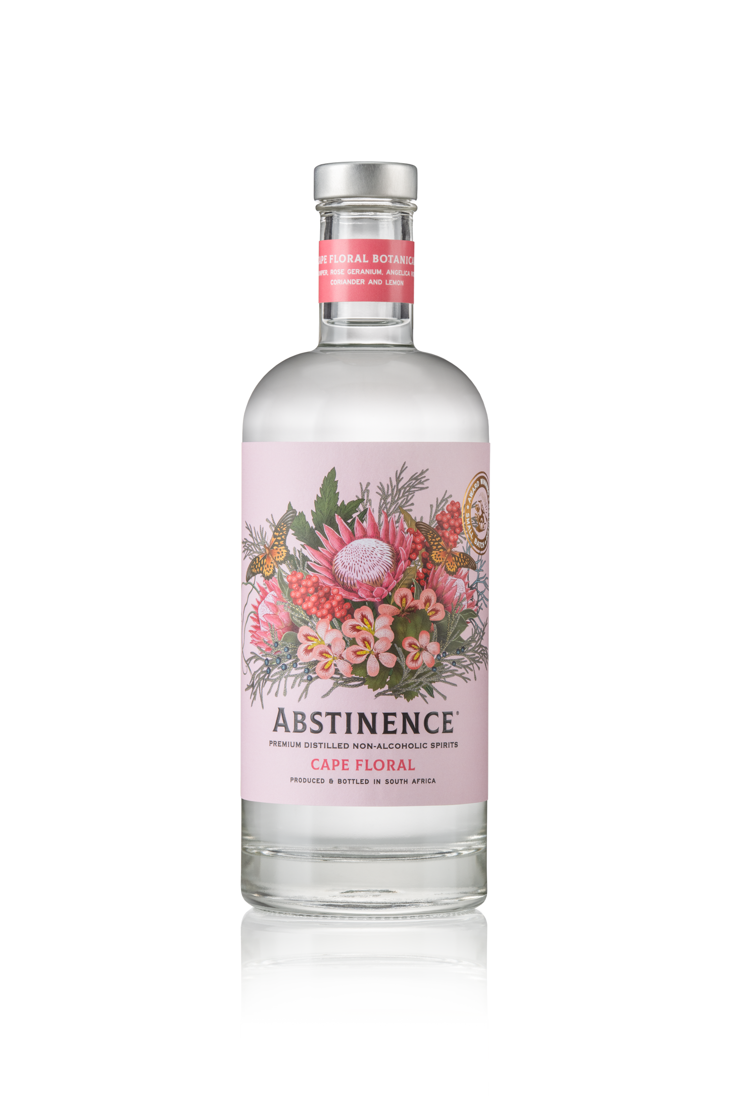 A clear bottle of Abstinence Cape Floral gin alternative.