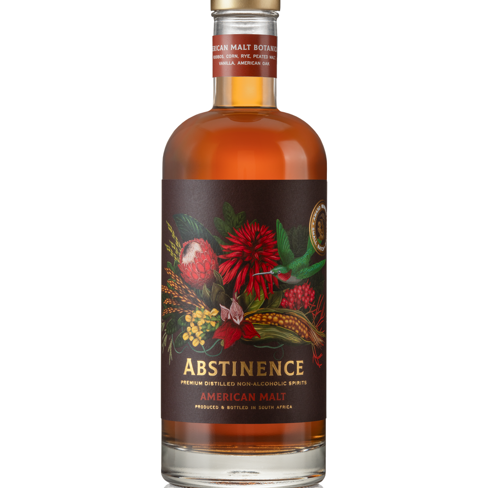 A bottle of Abstinence Cape Malt non-alcoholic spirit with a label featuring floral and botanical artwork.