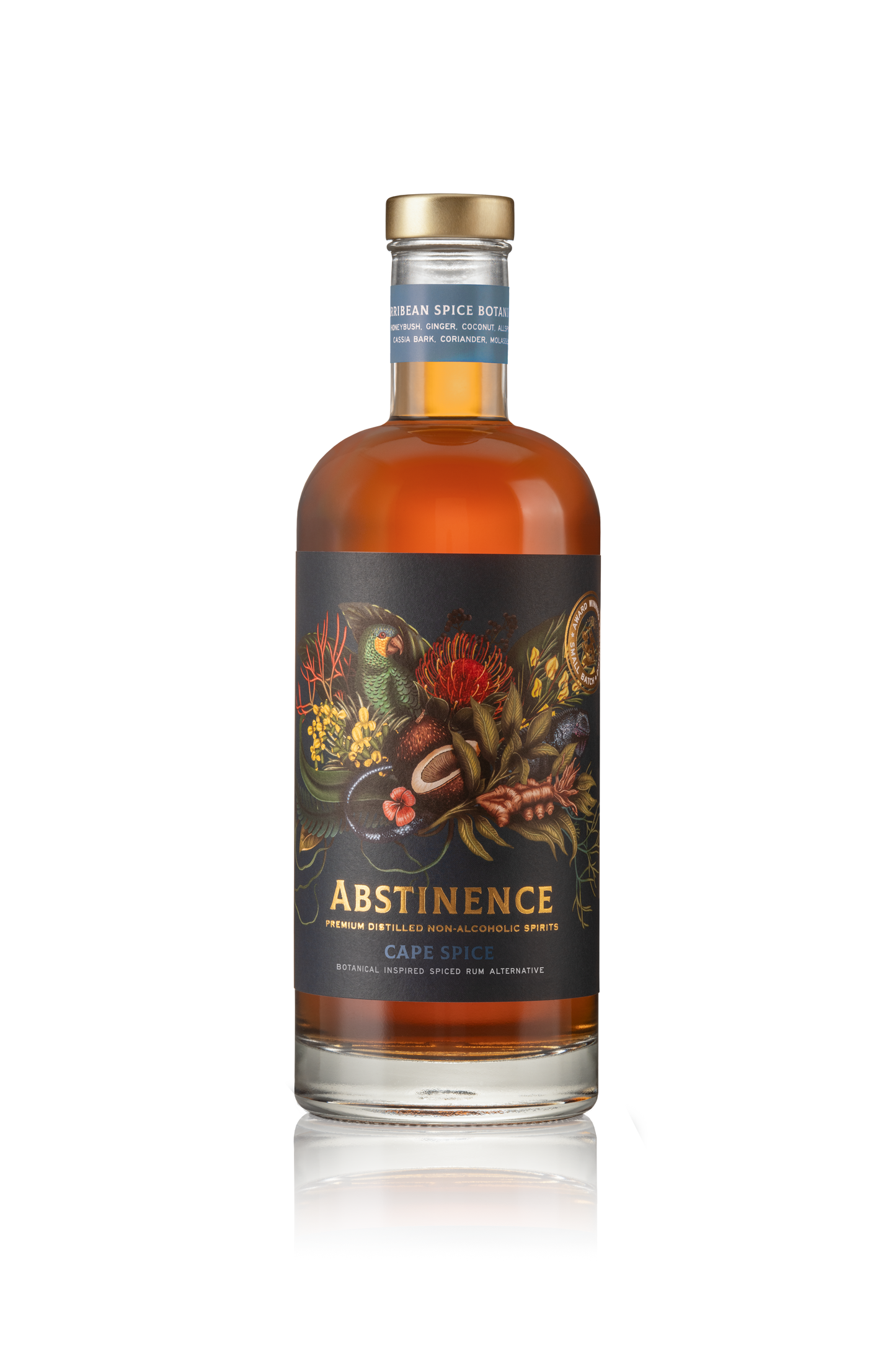 A bottle of Abstinence Cape Spice non-alcoholic spiced rum with a vanilla and spice infused design on the label.