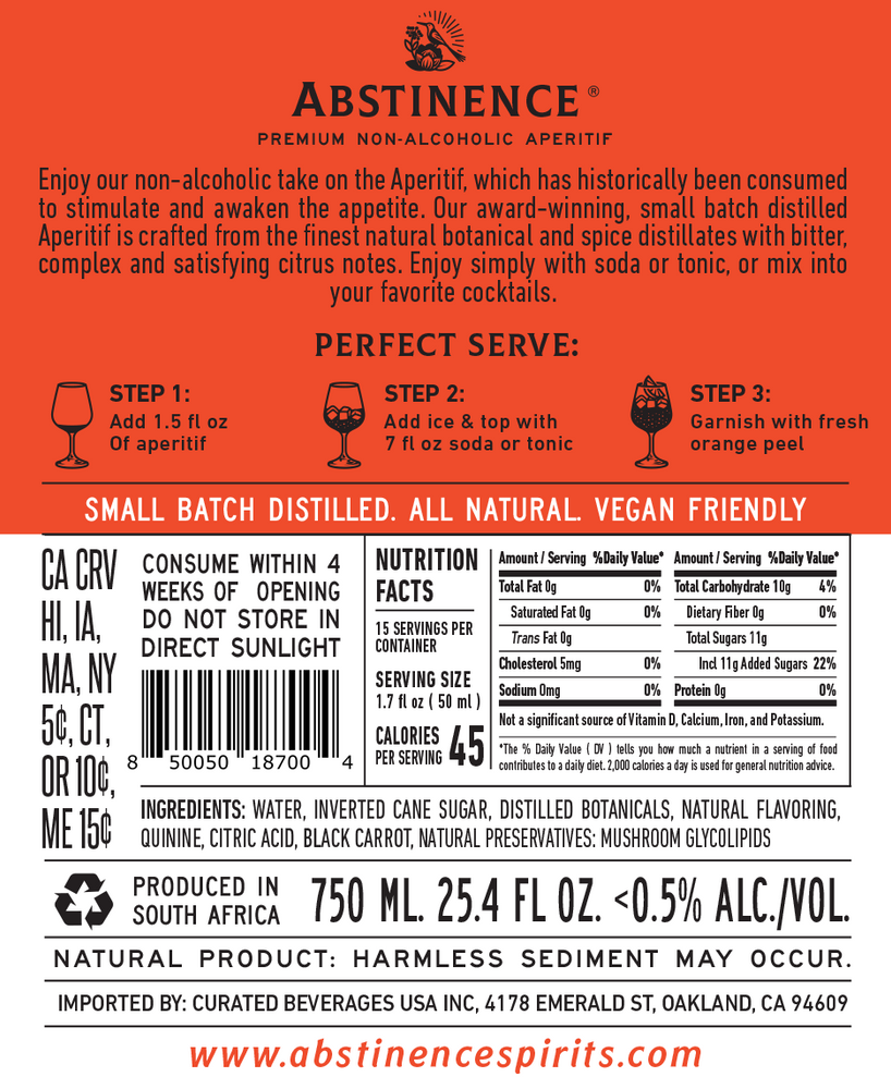 
                      
                        Abstinence non-alcoholic spirit label with text and nutritional information.
                      
                    