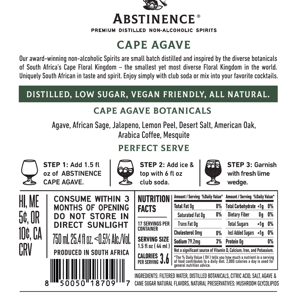 
                      
                        Abstinence Cape Agave back label with nutritional information
                      
                    