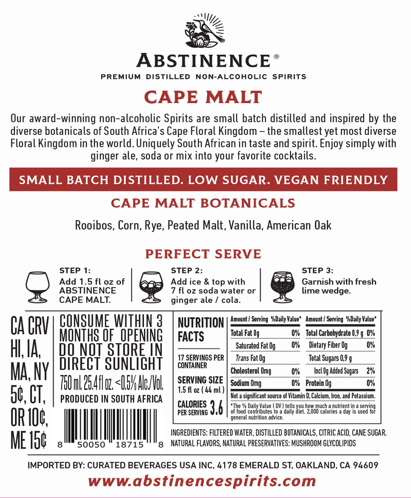 
                      
                        Abstinence Cape Malt non-alcoholic spirits label with branding and product details.
                      
                    