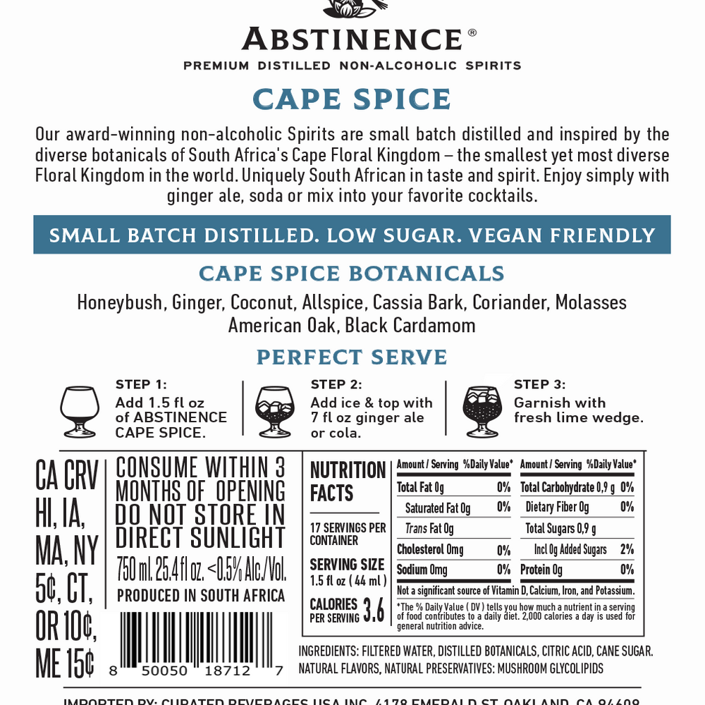 
                      
                        Abstinence Cape Spice Rum Alternative back label with nutritional information
                      
                    