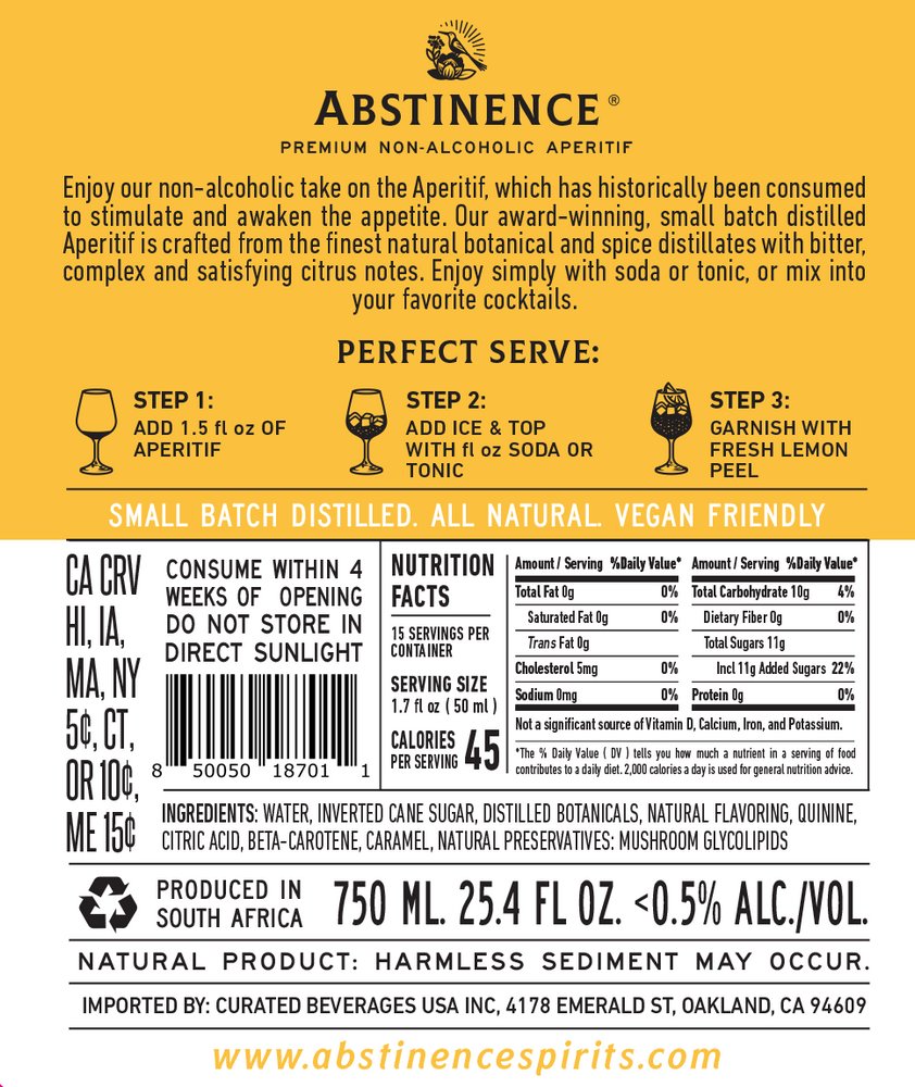
                      
                        Abstinence non-alcoholic aperitif label with text and nutritional information.
                      
                    