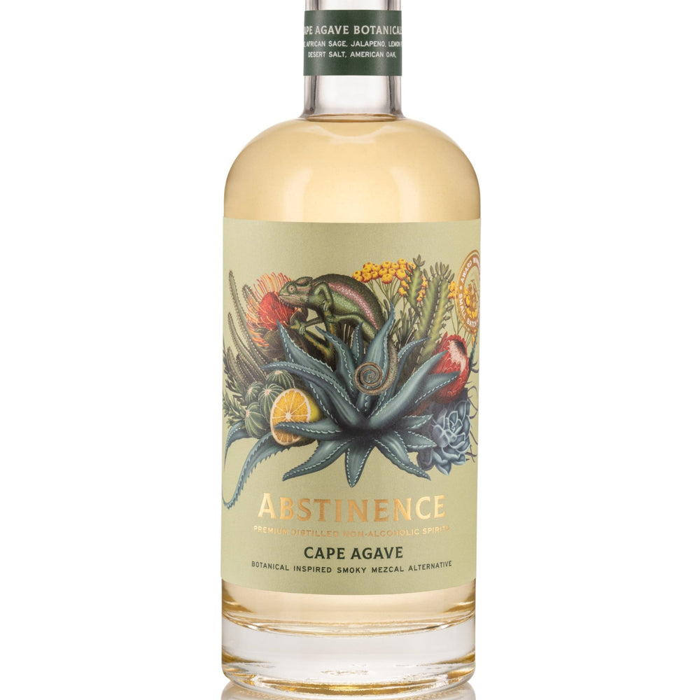 Bottle of Cape Agave tequila with a decorative label on a white background